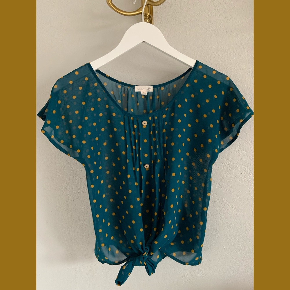 Sheer Teal & Mustard Polka Dot Front Knot Blouse